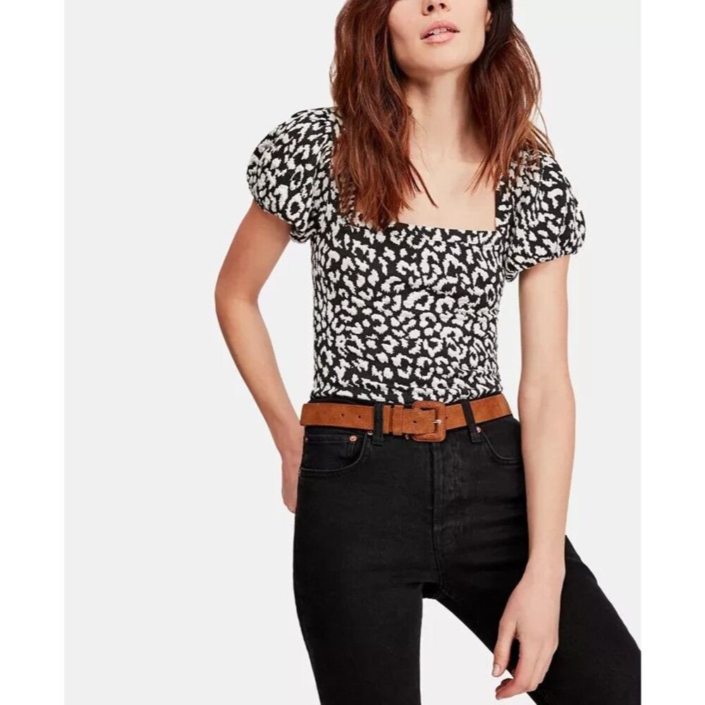 Free People Animal Print Top Puff Short Sleeves